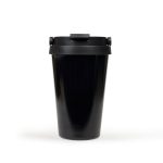 A black vacuum cup with a secured lid, featuring a sleek, glossy finish and a branding logo.