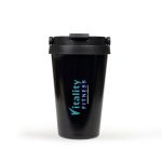 A travel mug in black, featuring a lid and a logo in blue and white. Ideal for on-the-go hydration.
