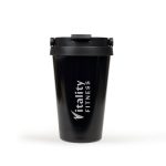 A drink bottle with a black finish, featuring a secure lid and a logo. Ideal for travel and fitness use.