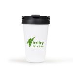 A travel mug with a white body and black lid, featuring a logo in green.