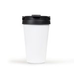 A drink bottle featuring a white body with a black lid, complete with a logo. Ideal for travel or outdoor use.