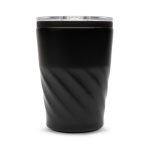 A reusable coffee cup with a matte black finish and a twisted texture, featuring a clear lid.