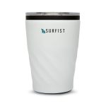A reusable coffee cup in a sleek white design with a clear lid and a logo.
