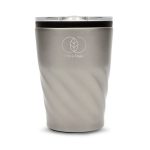 A reusable coffee cup in a sleek silver finish with a swirling design and a transparent lid. Features a logo.