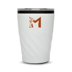 A reusable coffee cup in white with a textured design and a logo on the front.
