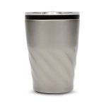 A reusable coffee cup with a sleek, brushed metal finish and a twisted design, featuring a transparent lid.