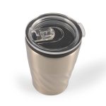 A reusable coffee cup with a sleek metallic finish and a clear plastic lid, featuring a sliding closure.