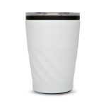A reusable coffee cup featuring a sleek, white design with a twisted texture and a clear lid.