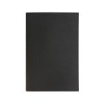 A black notebook with a simple cover, featuring stitching along the spine. Ideal for writing and note-taking.