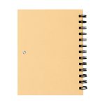 A spiral-bound notebook with a plain beige cover and a silver metal ring on the side. It has a branding logo.