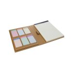 A planner with a tan cover, featuring a notepad and colorful sticky note pads in pastel shades.