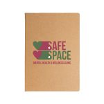 A planner with a kraft cover featuring the logo for "Safe Space Mental Health & Wellness Clinic" in colorful lettering.
