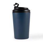 A reusable coffee cup in a deep navy blue color with a black lid and a flip top for easy access.