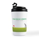 A reusable coffee cup in white with a black lid, featuring a logo and a golf-themed graphic.