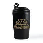 A black reusable coffee cup with a secure lid and a logo on the front.
