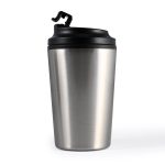 A stainless steel reusable coffee cup with a black lid and a flip-top opening.