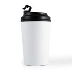 A reusable coffee cup with a sleek white exterior and a black lid featuring a sip opening.