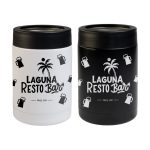 A drink bottle in matte black and matte white, featuring a logo and graphics of beer mugs and palm trees.