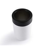 A drink cooler made of stainless steel featuring a sleek white body and a black silicone lid.