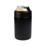 A drink bottle cooler in matte black, designed to fit standard-sized cans. It features a simple and sleek design.