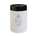 A drink bottle in white with a black lid and a palm tree logo on the front.