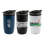 Three reusable coffee cups in blue, black, and white colors, each featuring a logo and a lid.