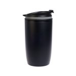 A reusable coffee cup in sleek black finish with a secure flip-top lid.