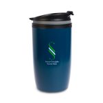 A reusable coffee cup in a deep blue color, featuring a black lid and a logo on the side.