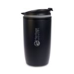 A reusable coffee cup featuring a sleek black design with a secure lid and a logo for Heritage Brewery.