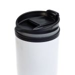 A reusable coffee cup featuring a sleek white body and a black lid with a flip-top opening.