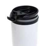 A reusable coffee cup featuring a sleek design with a secure lid and a convenient spout for easy sipping.