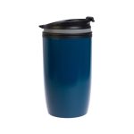 A reusable coffee cup in a dark blue gradient with a black lid and a sleek design. Features a logo.