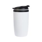 A reusable coffee cup with a white body and a black lid, designed for hot beverages.