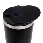 A reusable coffee cup featuring a sleek black design with a stainless steel band and a spill-resistant lid.