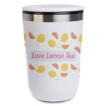 A reusable coffee cup in white, featuring a design of lemons and a logo.