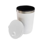 A reusable coffee cup in white with a black interior and a stainless steel rim, featuring a matching lid.