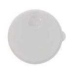 A coffee cup lid in white, featuring a small opening and a secure locking mechanism.