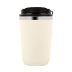 A double wall coffee cup in cream with a black lid and a silver accent. Features a logo on the side.