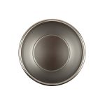 A coffee cup with a double wall design, featuring a metallic grey finish and a circular base.