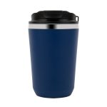 A double wall coffee cup in dark blue with a black lid and a silver band around the top. It features a logo.