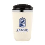 A cream double wall coffee cup with a black lid and a logo featuring mountains and a hand design.