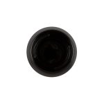 A coffee cup with a sleek black exterior and a smooth, dark interior. It features a logo on the side.