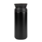 A double wall coffee cup in matte black, featuring a lid and a sleek, cylindrical design. It has a logo on the surface.