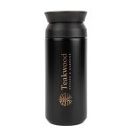 A double wall coffee cup in matte black with a lid and a logo. Features a sleek, modern design.