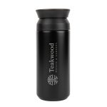 A black double wall coffee cup with a lid, featuring a logo on the side.