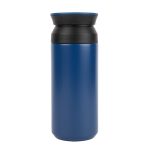 A double wall coffee cup in blue with a black lid, featuring a logo.