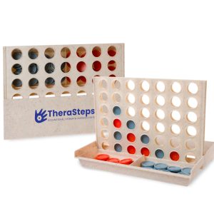 A wheat straw game set featuring a light beige board with red and gray discs. It includes a logo on the front.