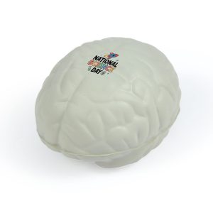 A white brain-shaped stress ball with a logo on the surface, designed for stress relief and fun.