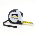 A retractable tape measure in black and white with a yellow measuring tape, featuring a logo.