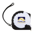 A white and black retractable tape measure with a logo, featuring a textured grip and a wrist strap.